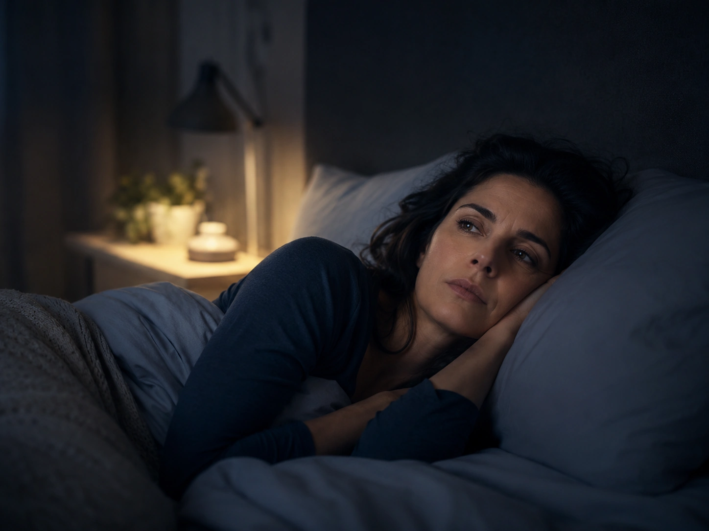 Mujer despierta en la cama durante la noche, imagen representativa de Audios para noches difíciles
